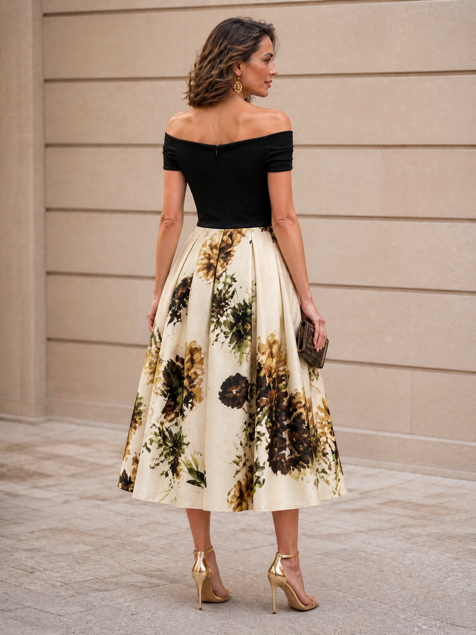 Classic Ivory Floral Off-the-Shoulder Pleated A-Line Midi Gown Dress