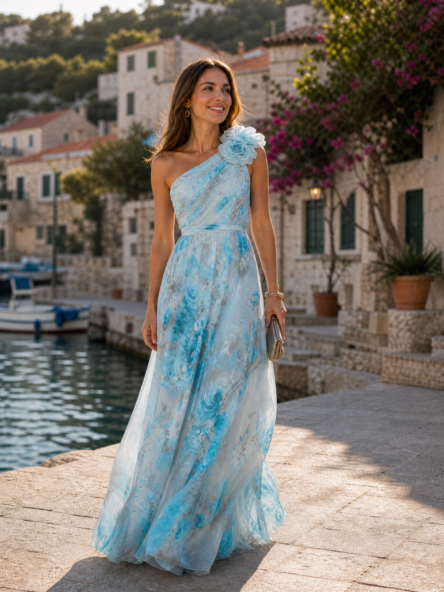 One-Shoulder Floral Applique Floor-Length Chiffon A-Line Gown