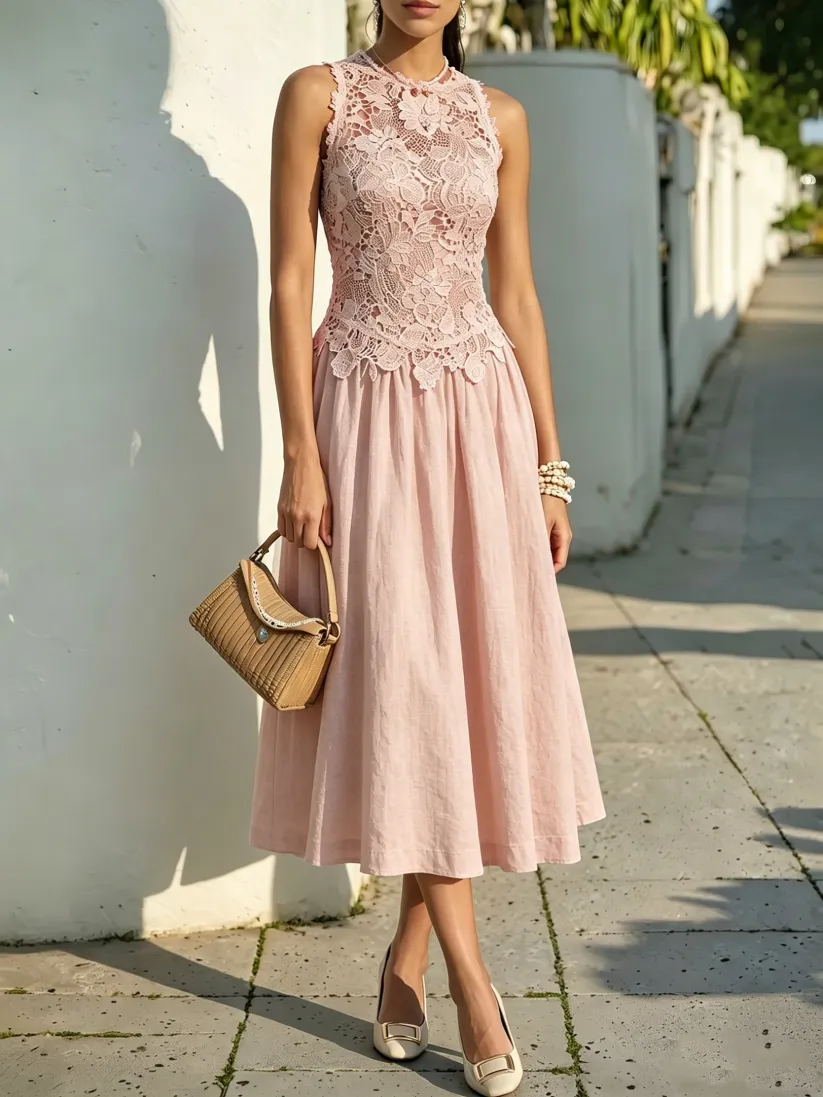 Pink Cotton Sleeveless Lace Midi Dress