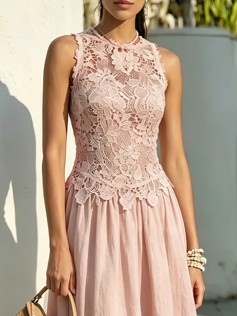Pink Cotton Sleeveless Lace Midi Dress