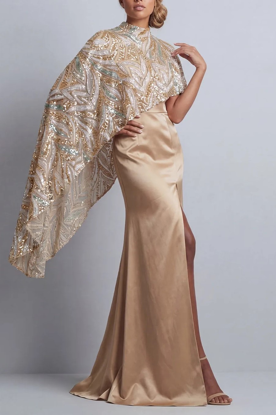 Sparkly Champagne Satin Mermaid  with Cape Maxi Dress