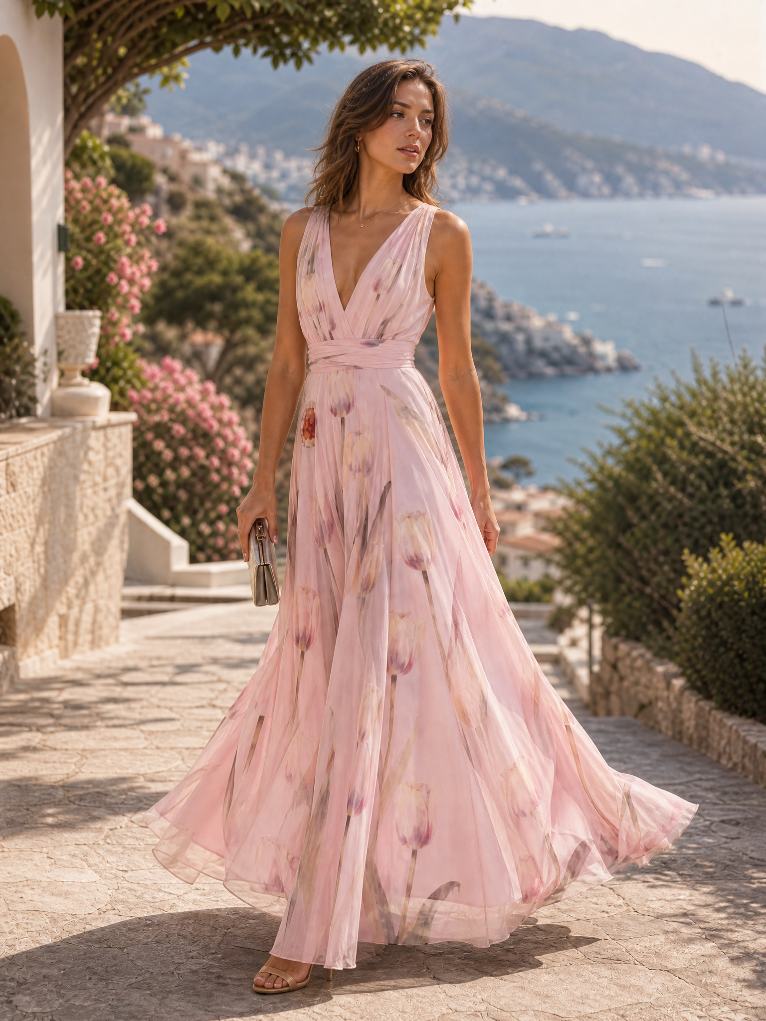 Plunging V-Neck Sleeveless Tulip Print Floor-Length Chiffon A-Line Gown