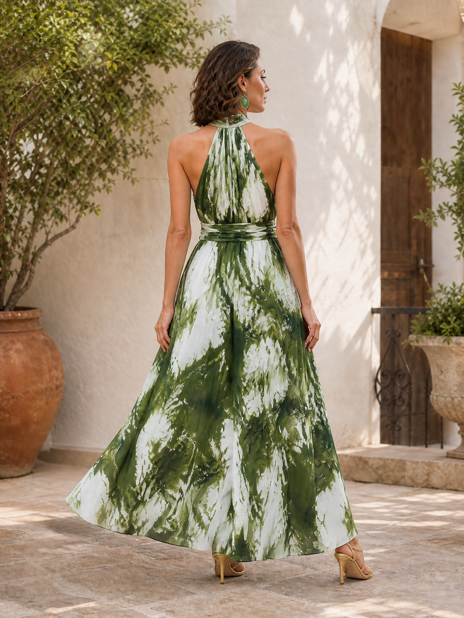 Ethereal Emerald Green Abstract Print Halter Sleeveless A-Line Maxi Gown Dress