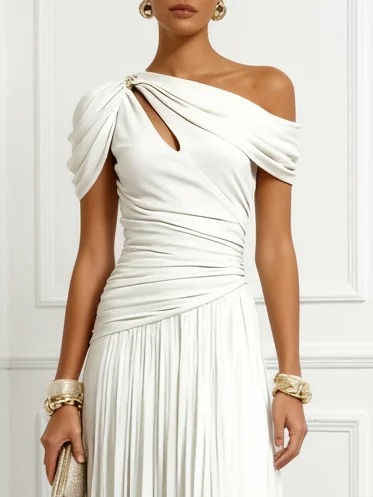 White Ruched Cut Out Knit Asymmetrical Short Sleeve A-Line Gown Dress