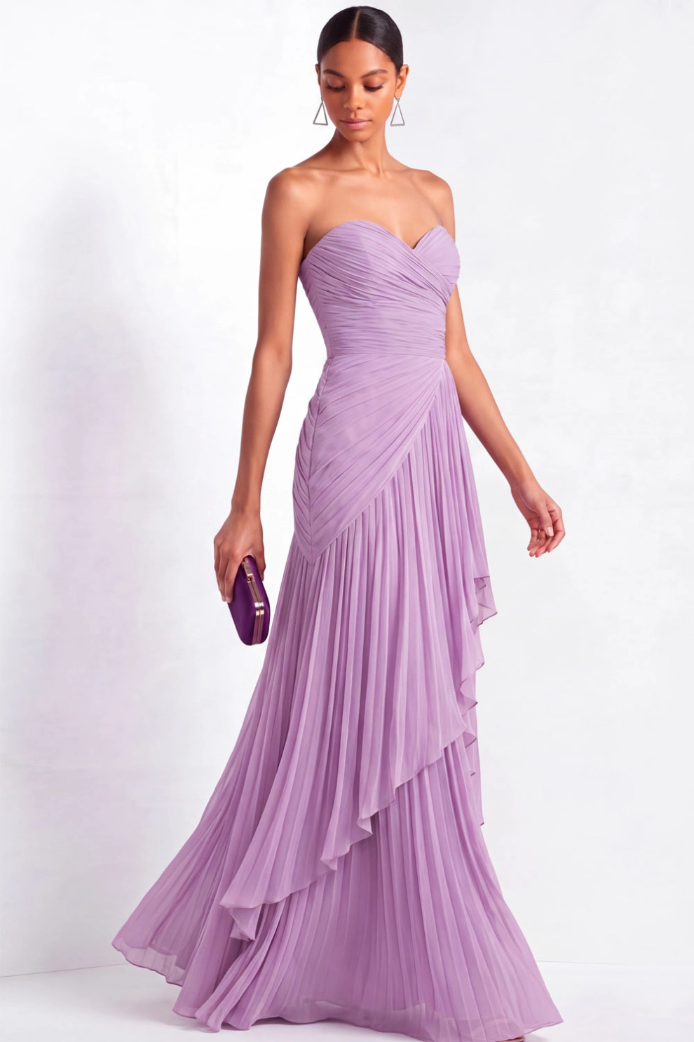 Lilac Sweetheart Pleated Ruffle Maxi Dress