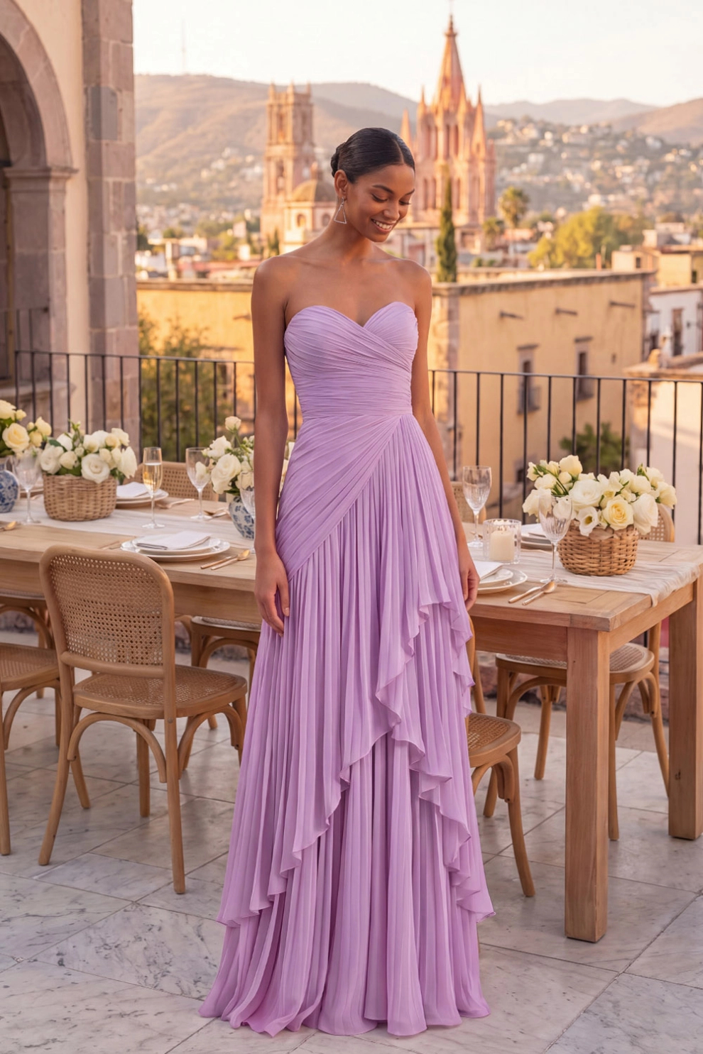 Lilac Sweetheart Pleated Ruffle Maxi Dress