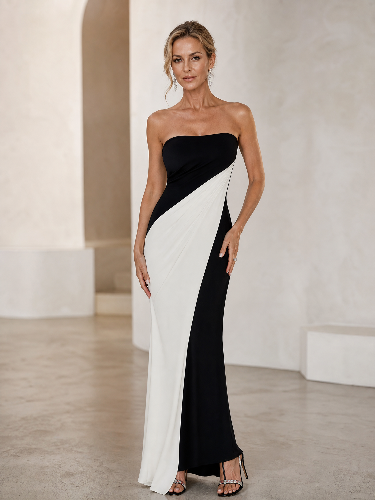 Black-White Color-Block Strapless Draped Sheath Maxi Gown Dress