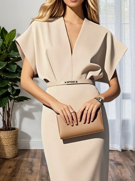 Light Blue Classic V Neck Short Sleeve Dolman Sleeve Sheath Midi Dress