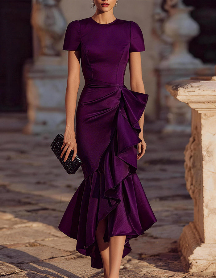 Short Sleeve Ruffled Asymmetric Midi Dress With Sculpted Waist