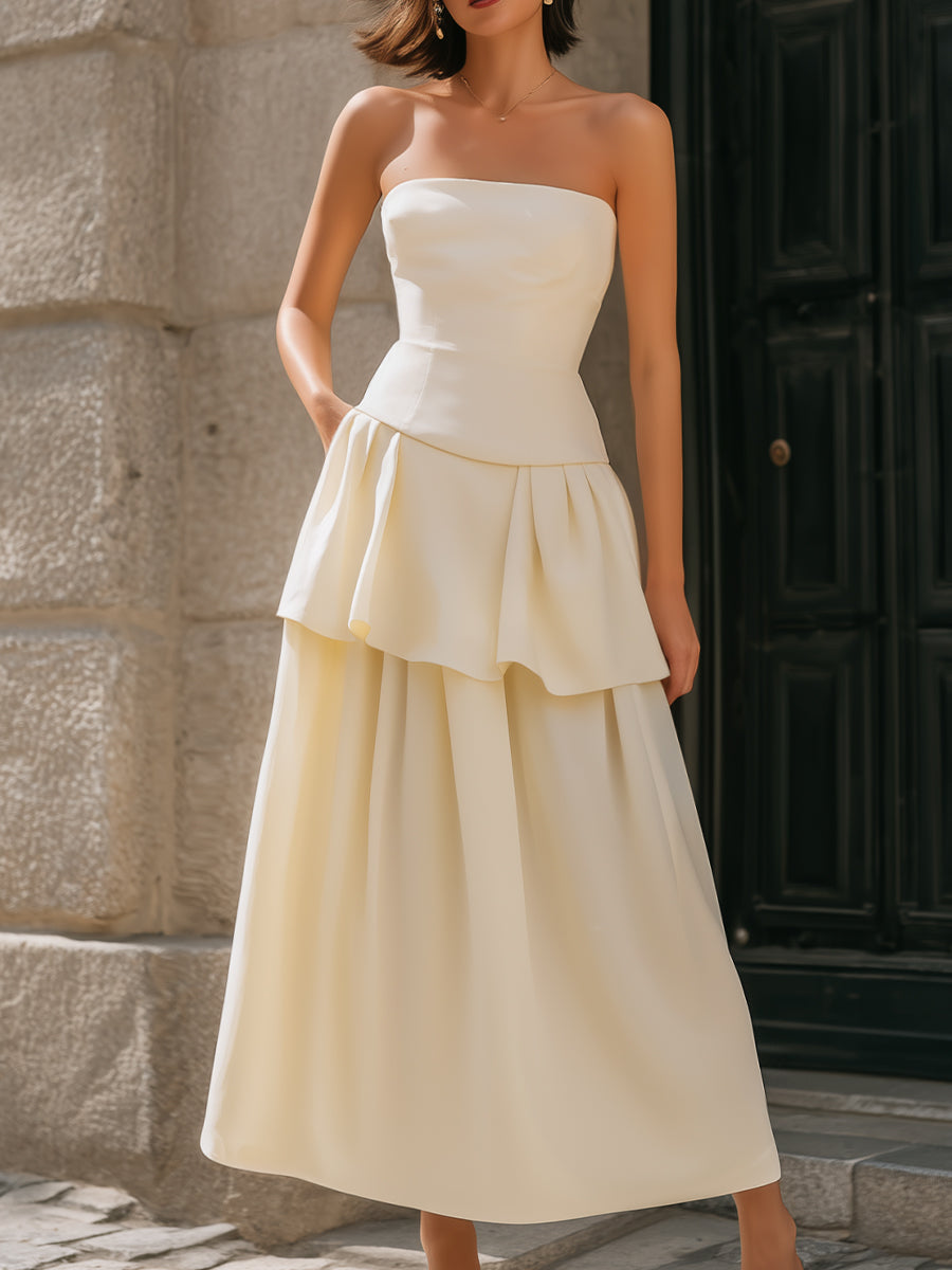 Strapless Tiered Peplum A-Line Midi Dress