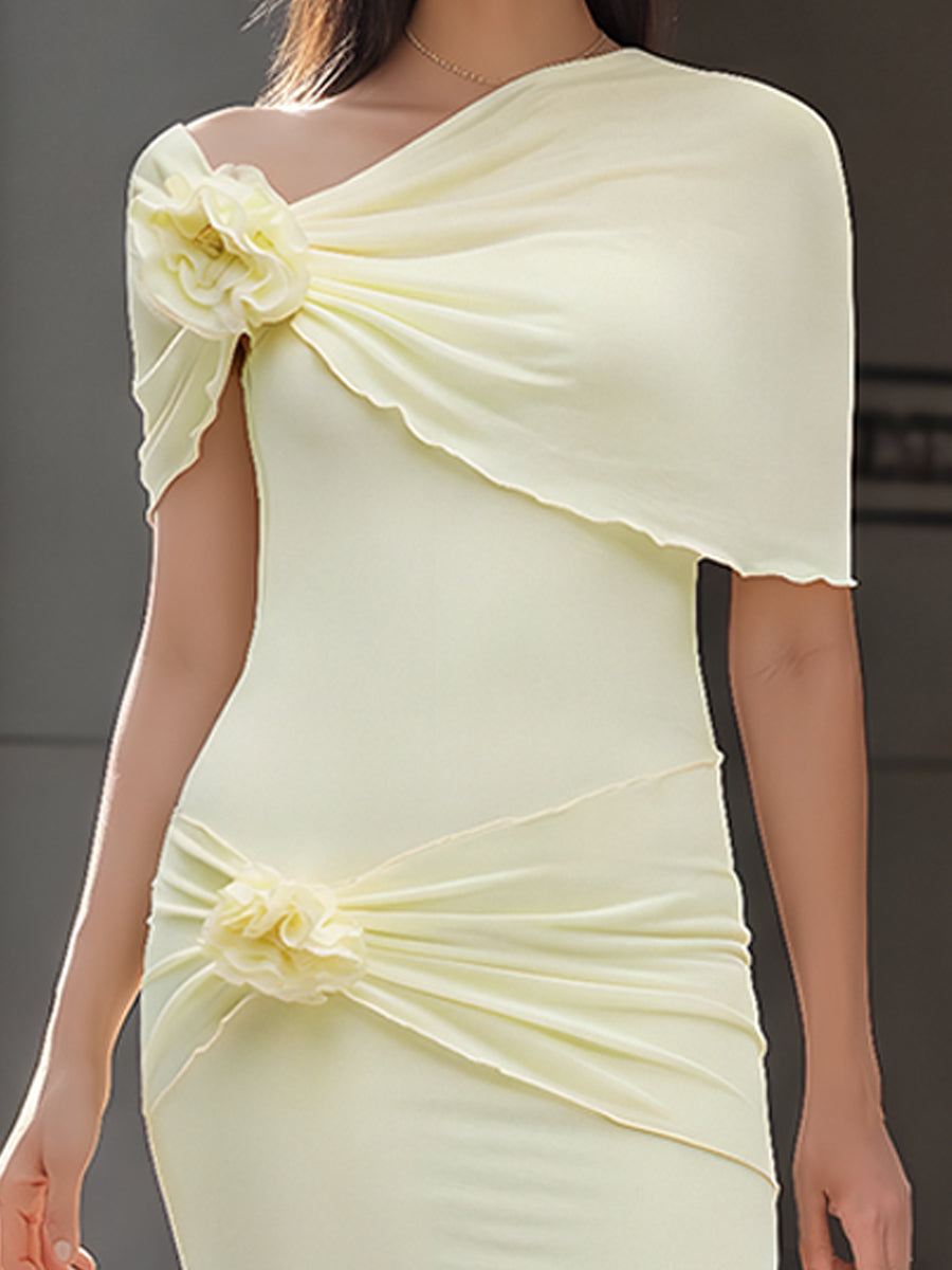 One-Shoulder Floral Draped Bodycon Maxi Dress