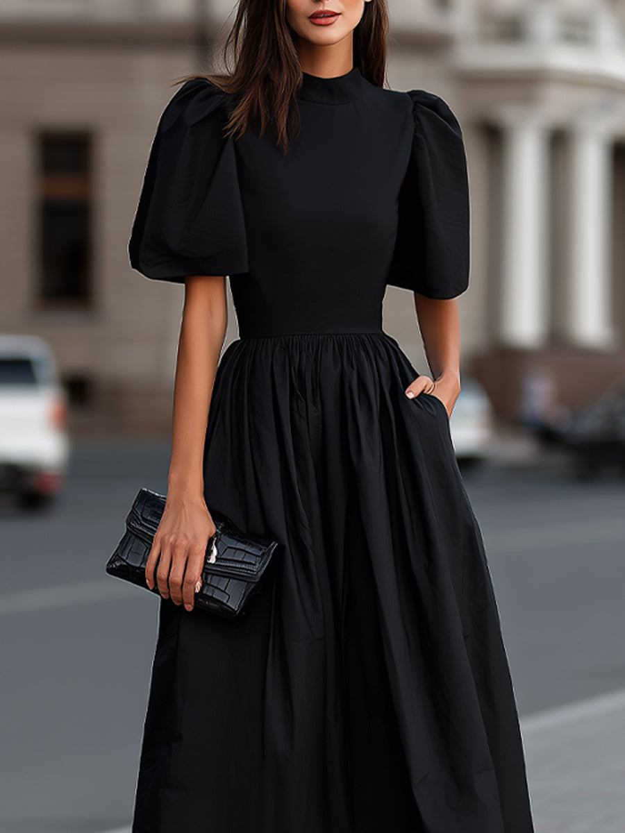 High Neck Puff Sleeve Gathered Waist Midi Dress