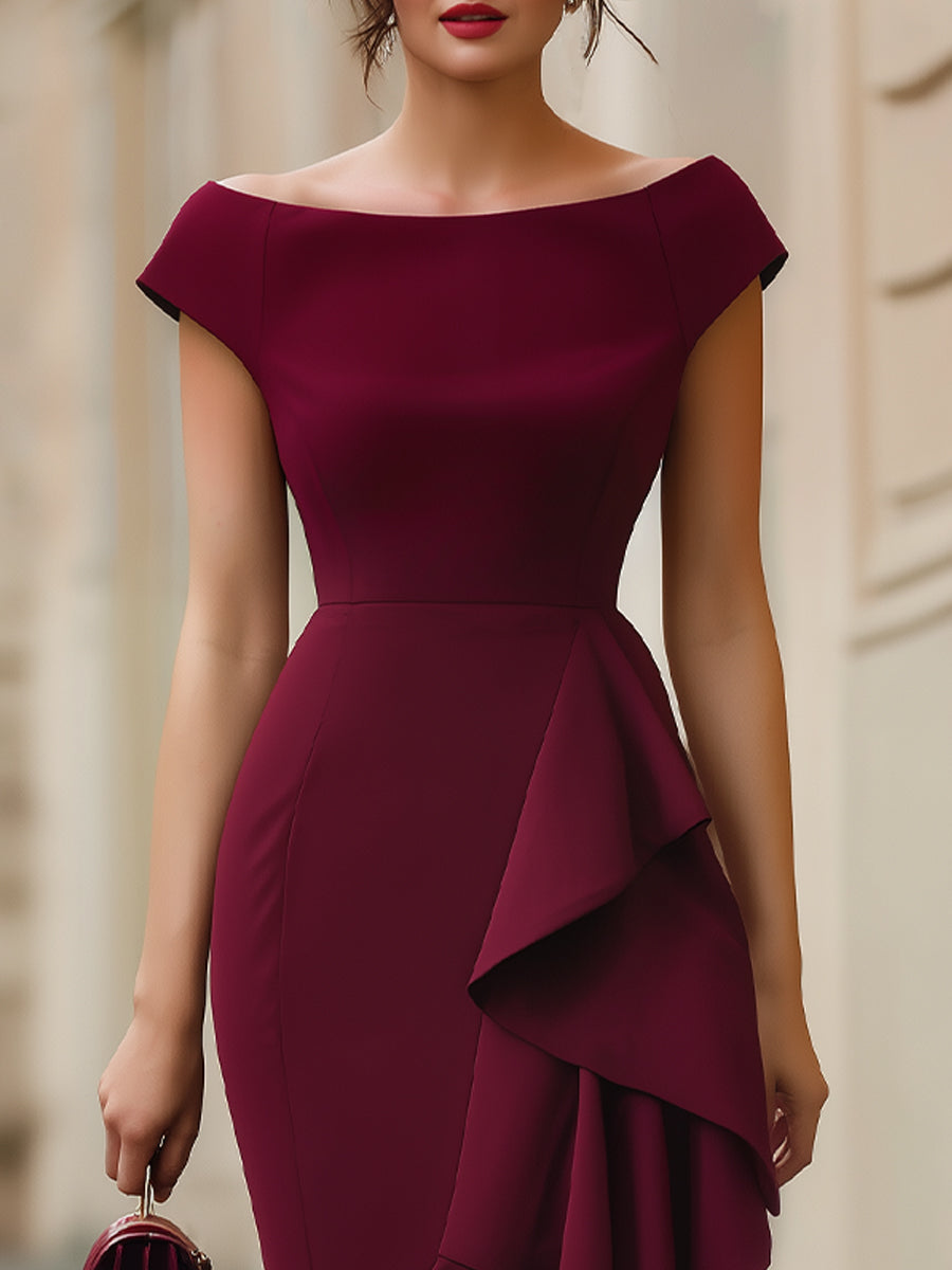 Burgundy Off-the-Shoulder Asymmetric Ruffle Bodycon Midi Dress