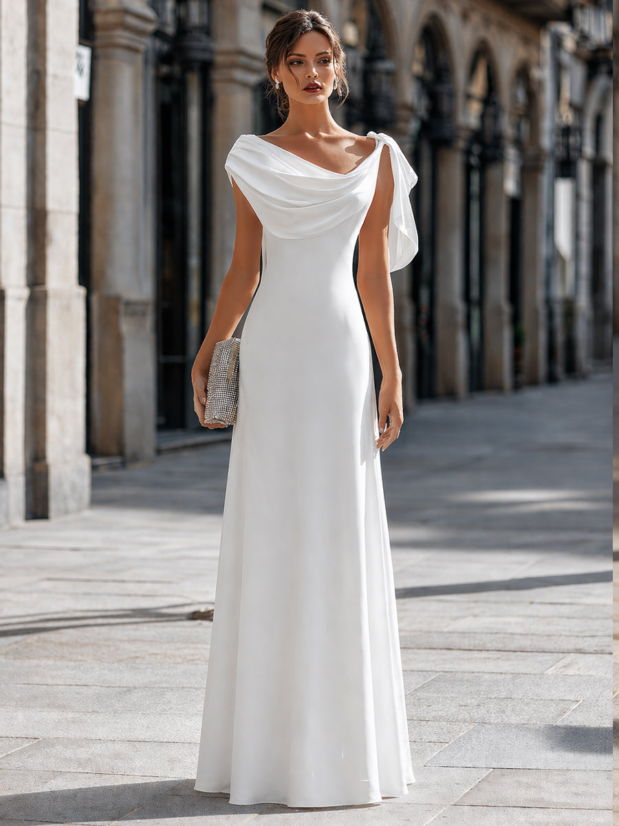 Draped Off-Shoulder Asymmetric Cape Sleeve Maxi Dress