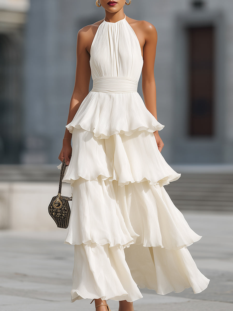 Halter Neck Tiered Pleated Chiffon Maxi Dress