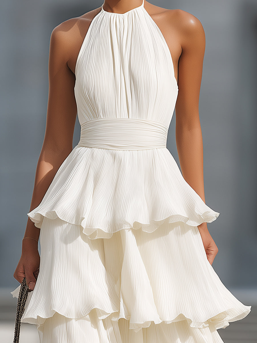 Halter Neck Tiered Pleated Chiffon Maxi Dress