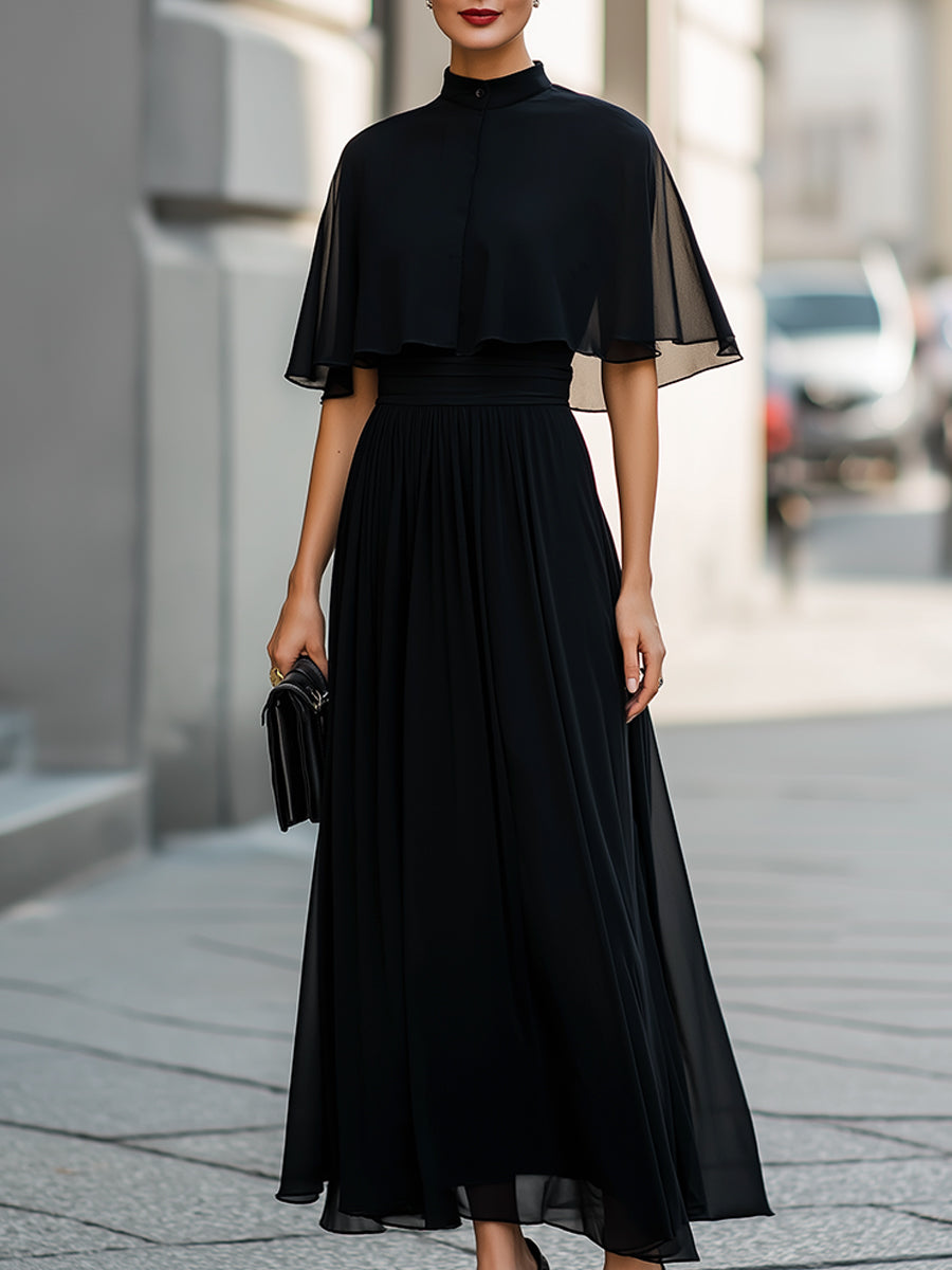 Sheer Cape Sleeve High-Neck Midi Dress