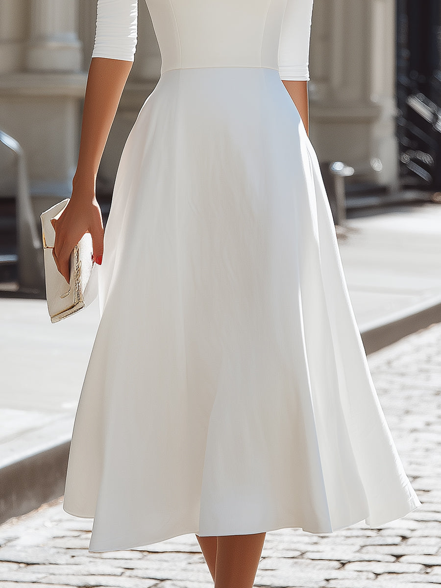 Off-Shoulder Fitted Bodice A-Line Midi Dress