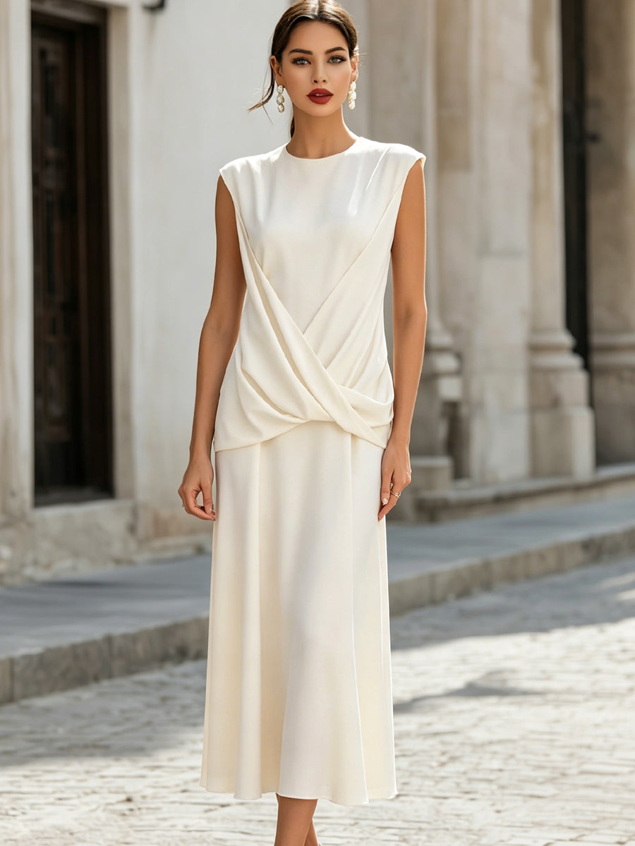Draped Twist Front Sleeveless Midi Dress