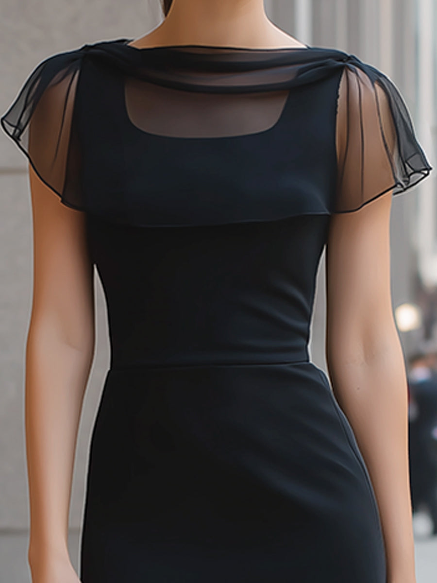 Sheer Overlay Neckline Fishtail Hem Elegant Midi Dress