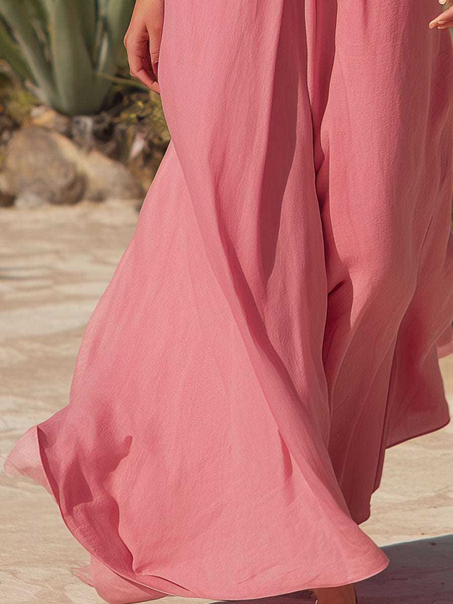 Retro Elegant Pink Sleeveless Knotted V-neck Cotton Linen Maxi Dress