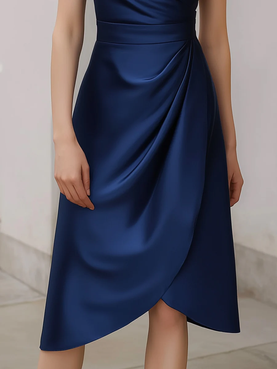 Sleeveless Satin Shawl Neckline Asymmetrical Midi Dress