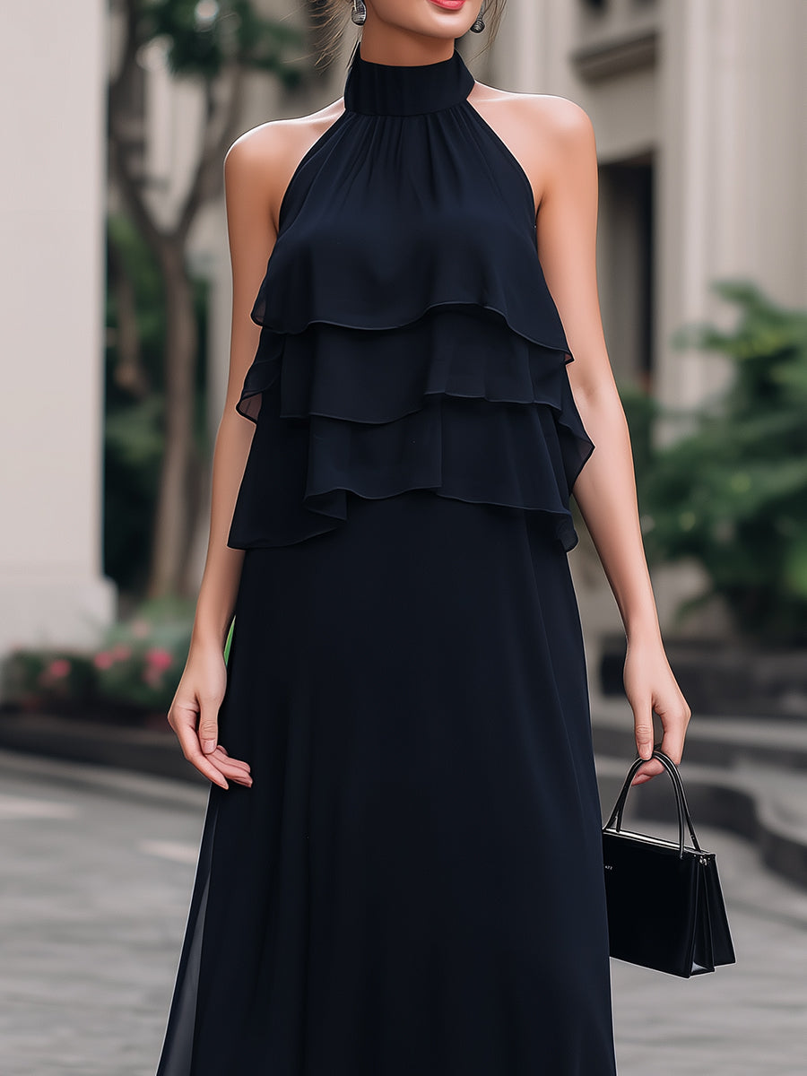 Black Halter-Neck Tiered Ruffle Chiffon Maxi Dress