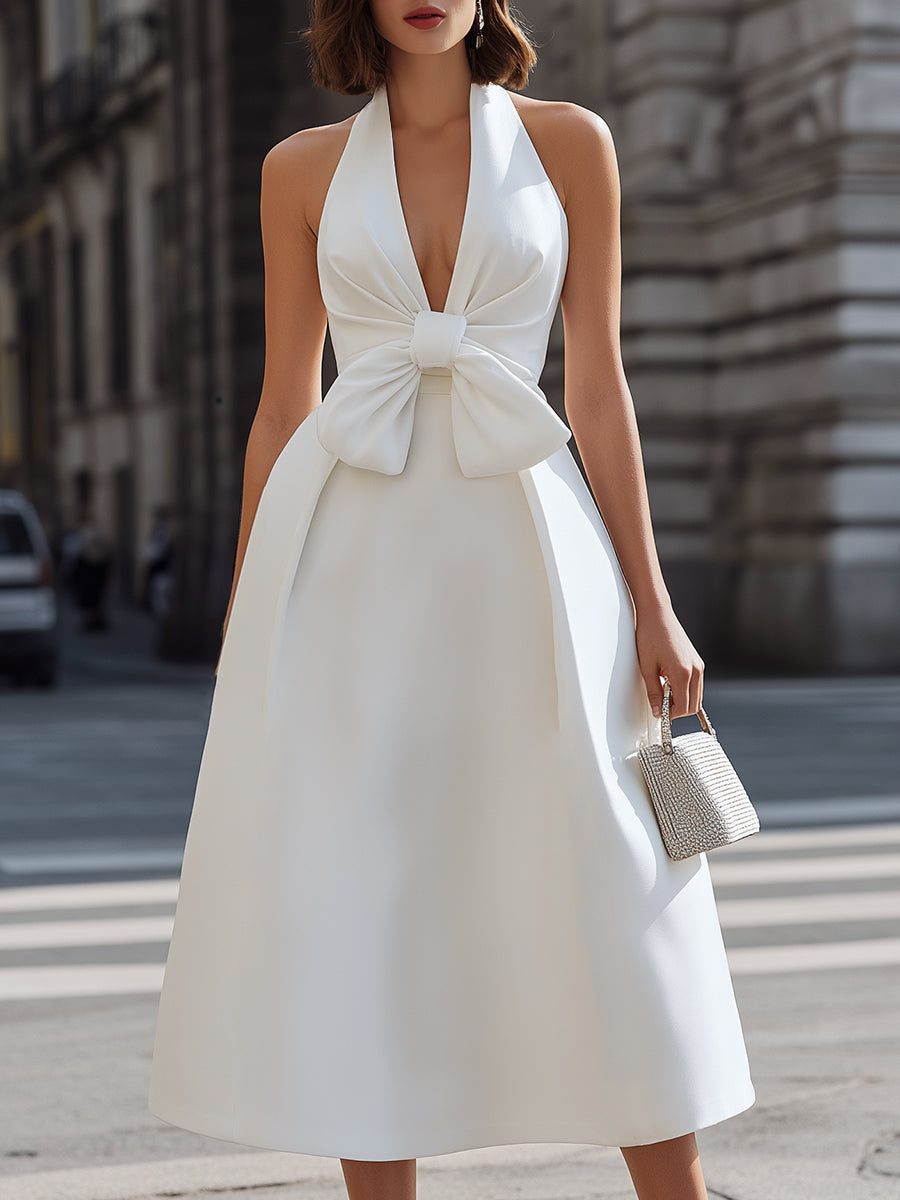 Elegant Bow Accent Halter Midi Dress