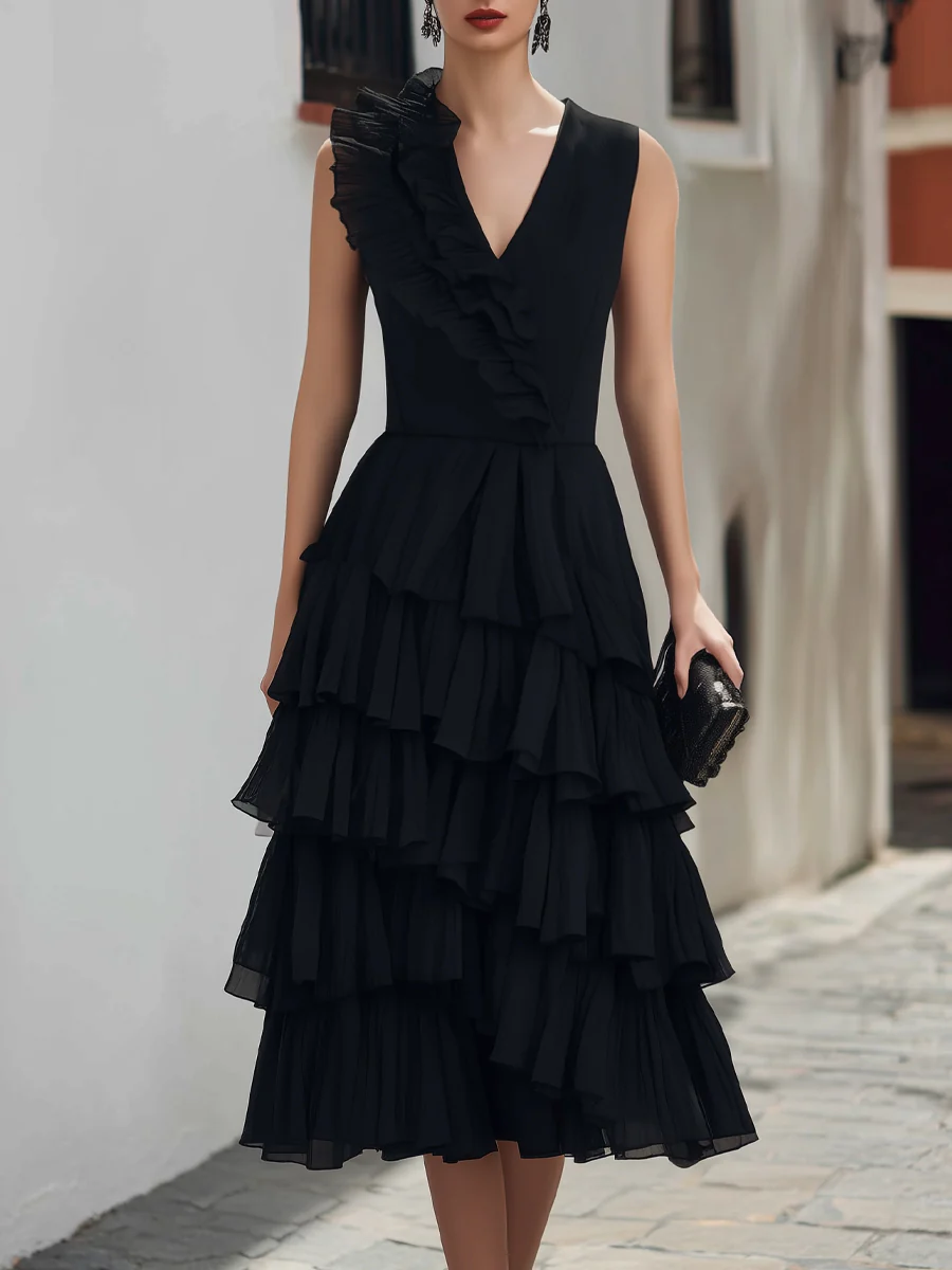 Asymmetrical Tiered Ruffle Sleeveless Midi Dress