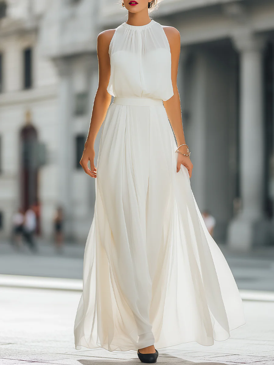 Pleated Halter Neck Maxi Dress with Flowing Skirt