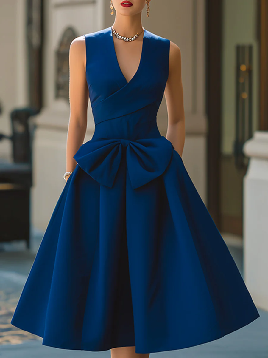 Elegant Bow Waist Sleeveless A-Line Midi Dress