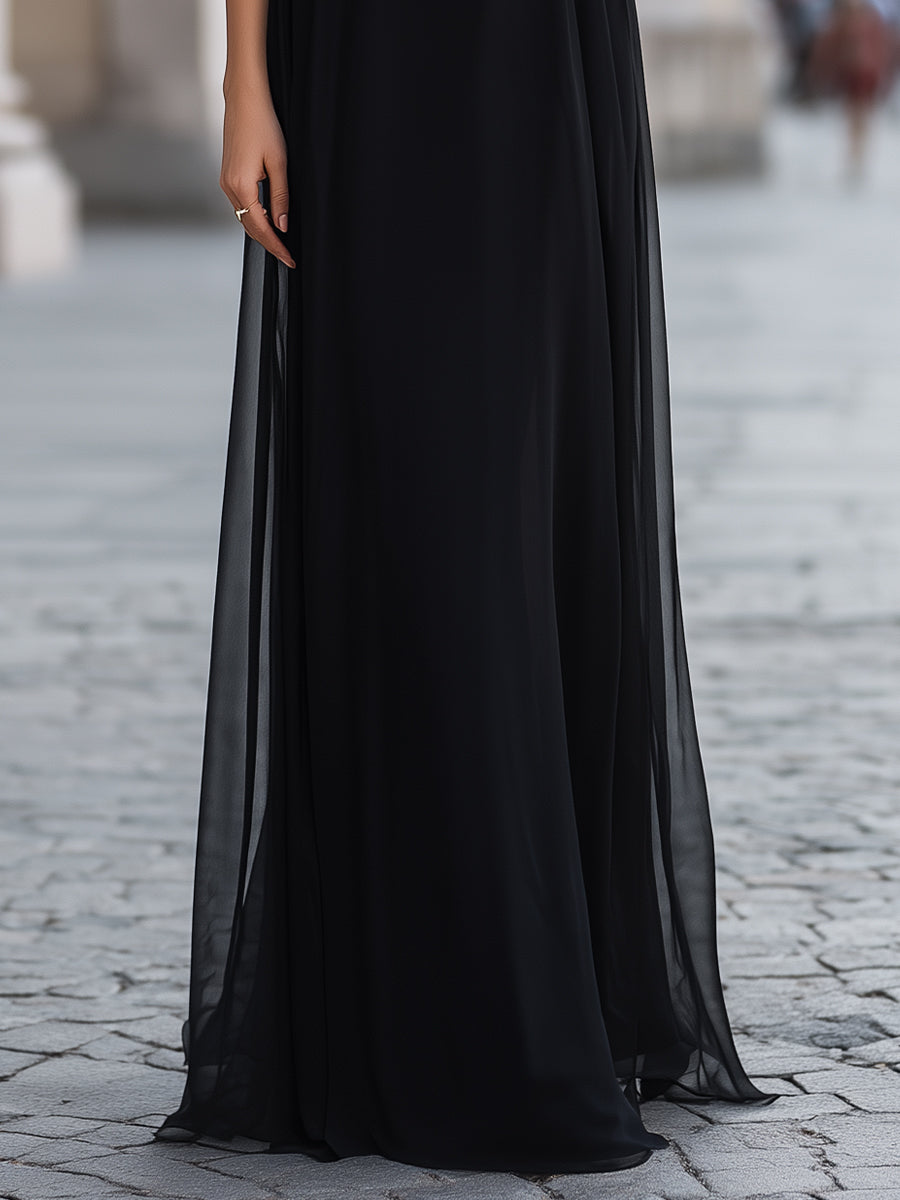 Sheer Tie-Neck Maxi Dress With Flutter Sleeves And Layered Skirt
