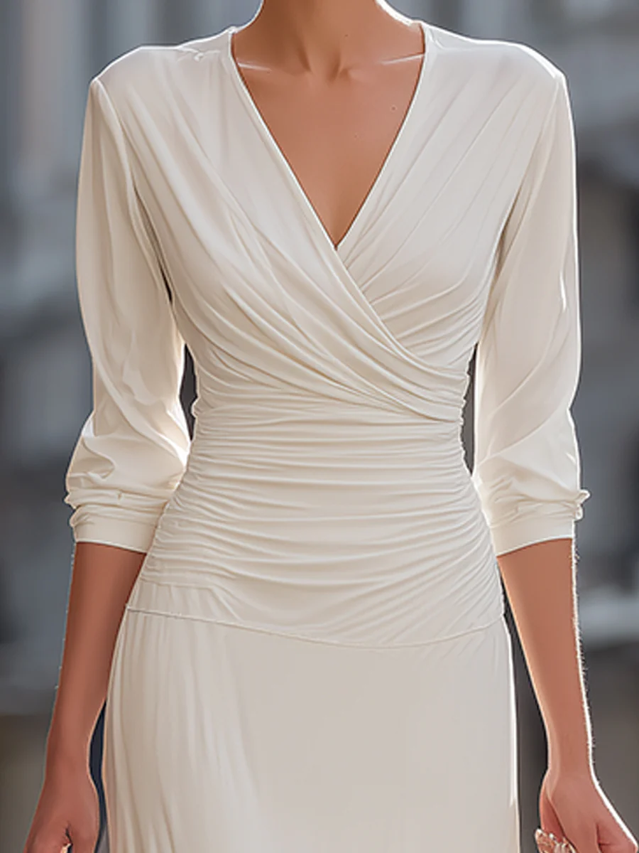 Ruched Wrap Bodice Long Sleeve Maxi Dress
