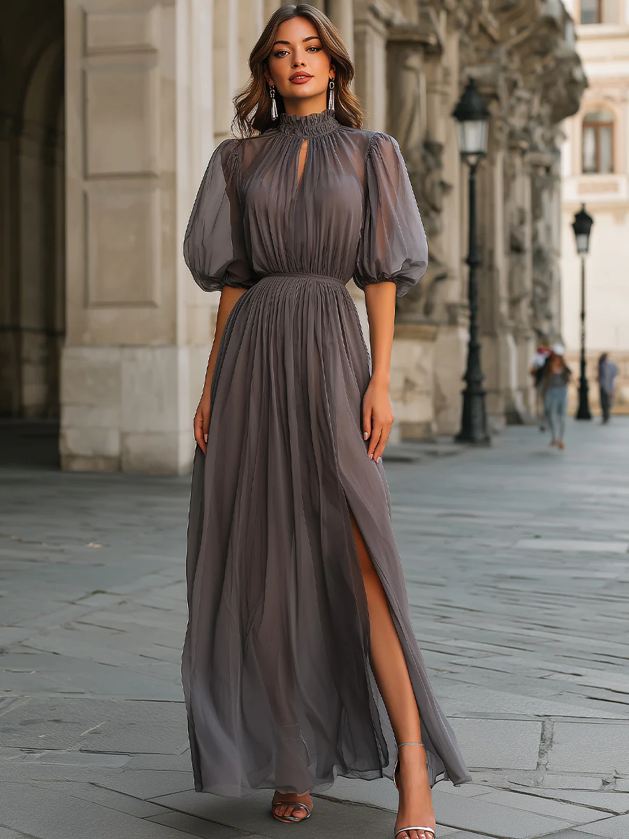 High Neck Gathered Chiffon Maxi Dress With Front Slit