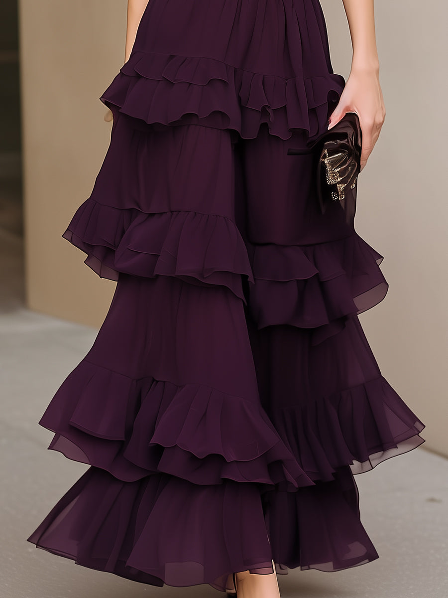 Structured Halter Neck Tiered Ruffle Maxi Dress