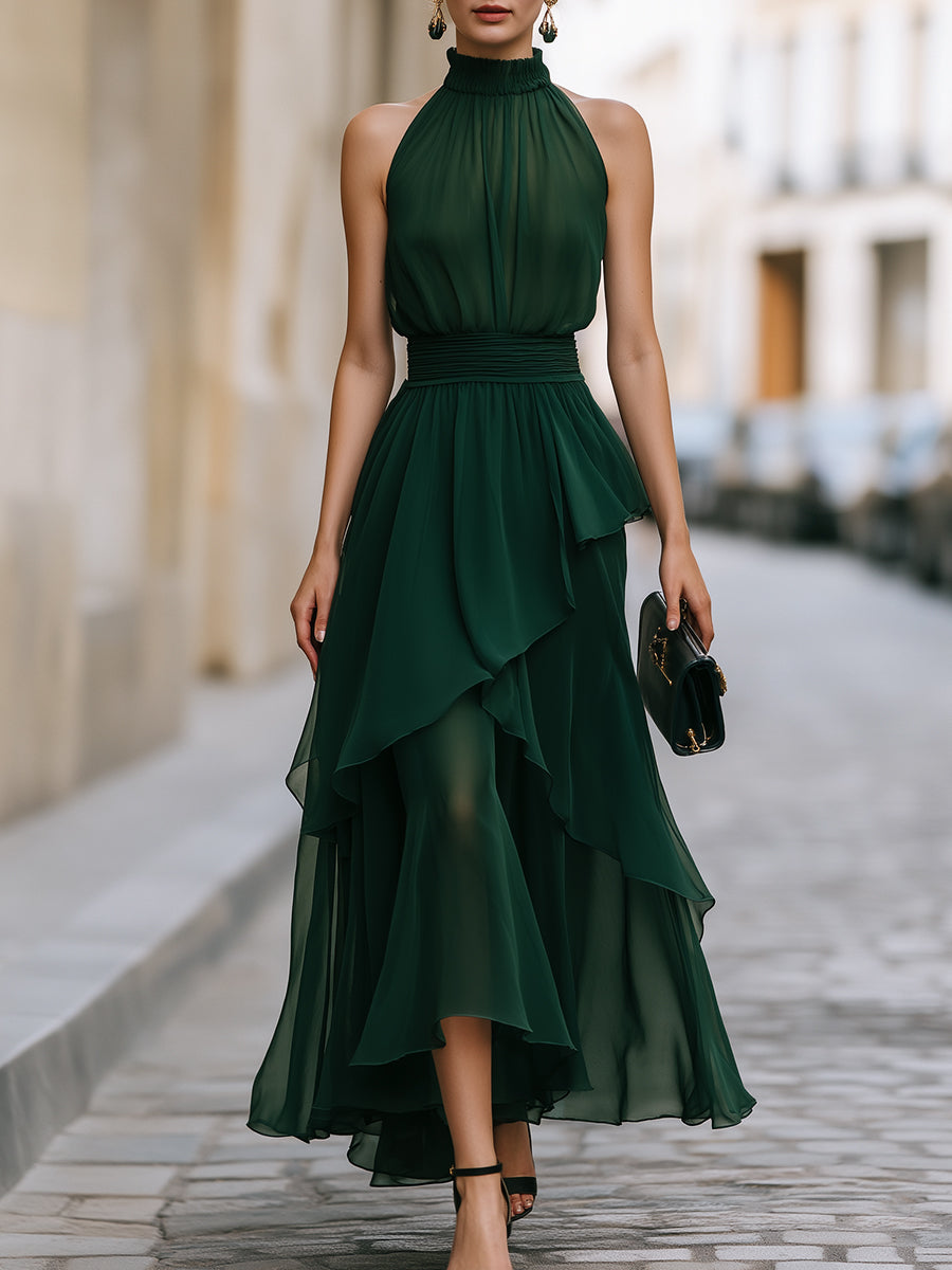 Elegant Halter Neck Layered Chiffon Maxi Dress