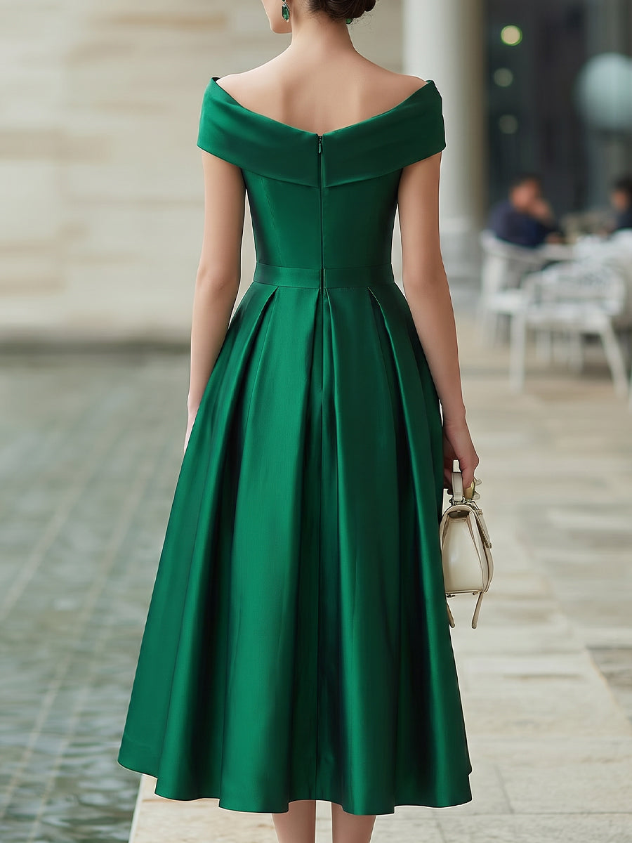 Off-Shoulder Satin A-Line Midi Dress