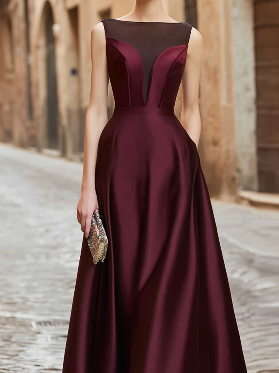 Illusion Neck Satin A-Line Evening Gown