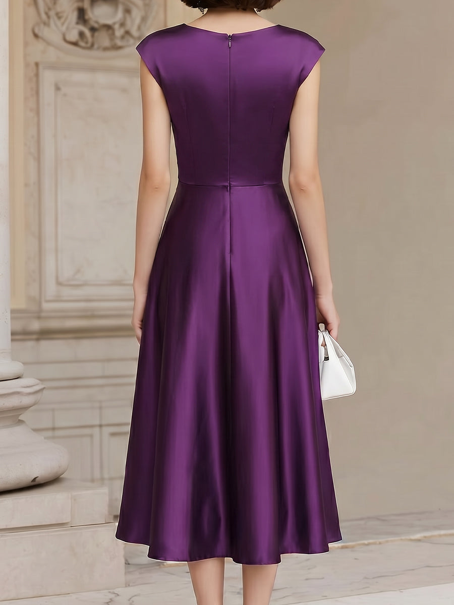Folded Off-Shoulder Satin A-Line Midi Dress