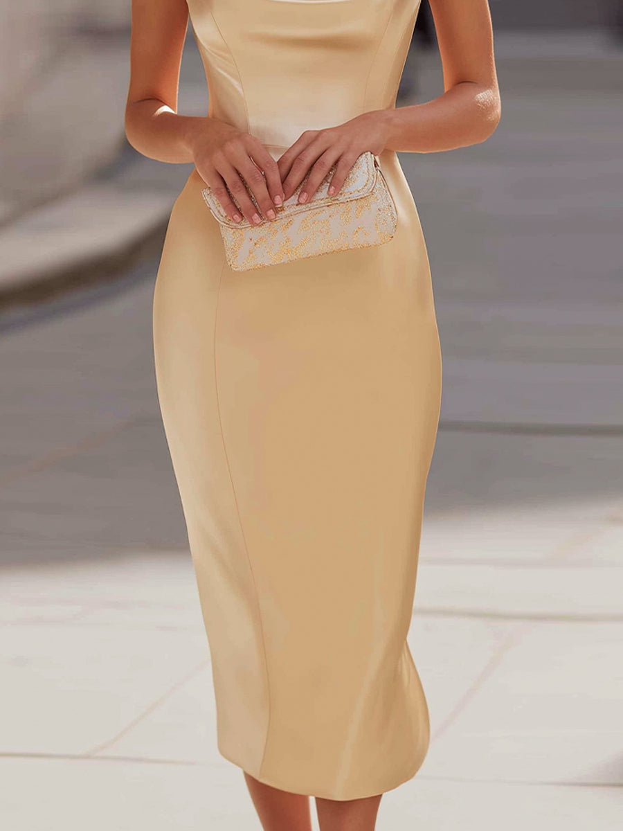 Soft Cowl Neck Satin Pencil Midi Dress