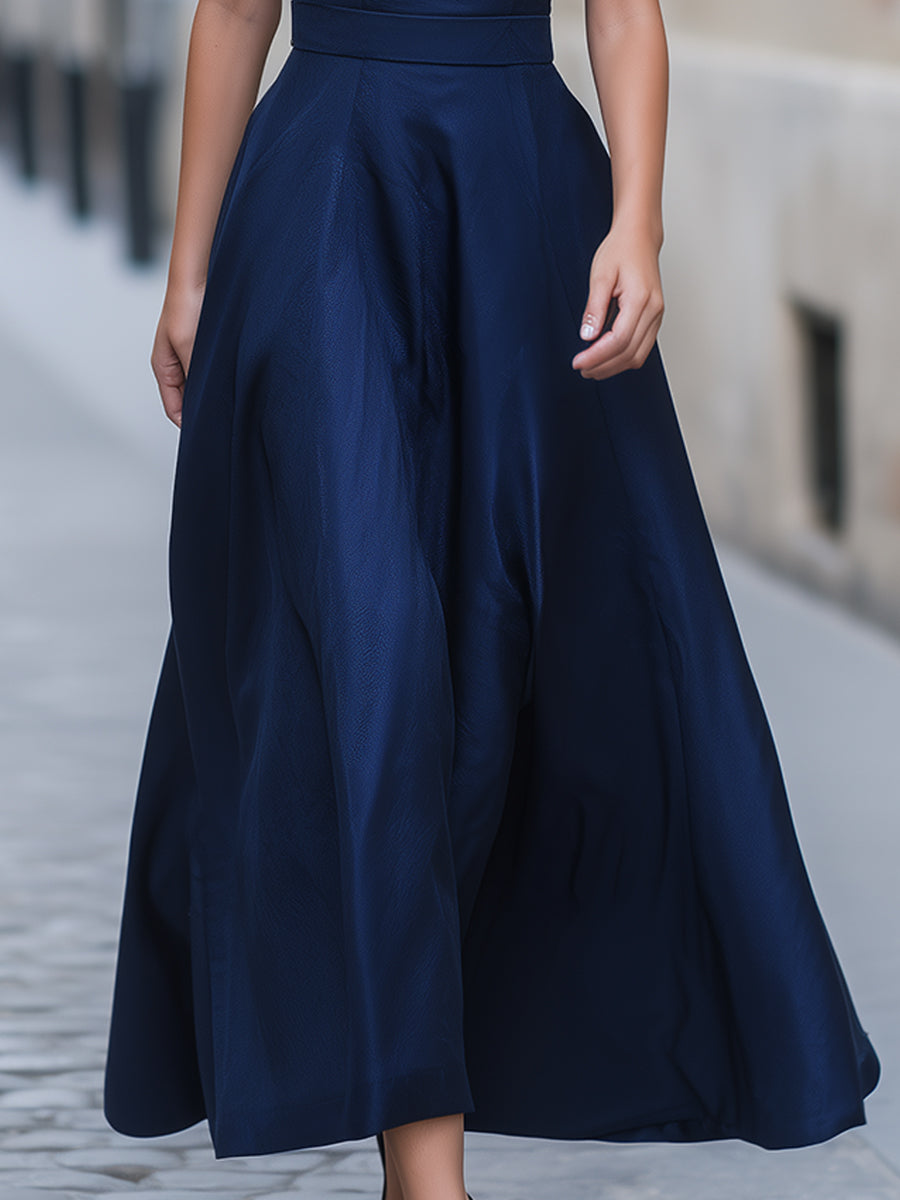 Off-Shoulder Folded Collar A-Line Midi Dress