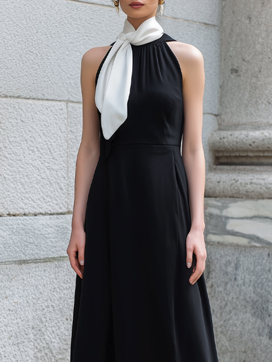 Contrast Tie Neck Halter Maxi Dress