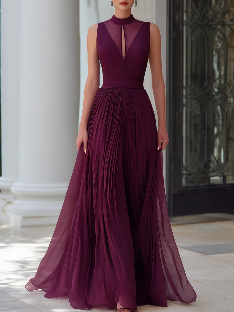 Illusion Neck Pleated Chiffon Maxi Dress