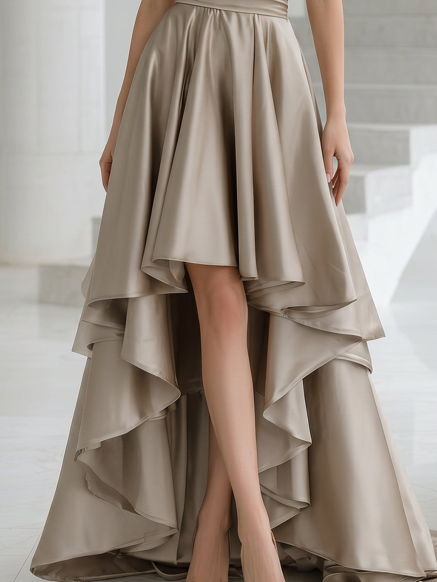 Halter Wrap Satin Layered High-Low Gown