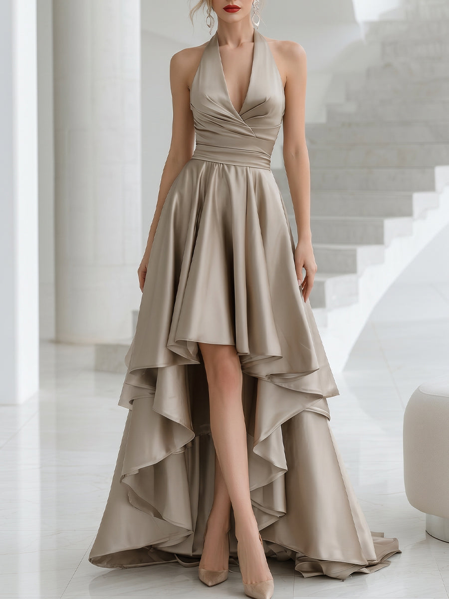 Halter Wrap Satin Layered High-Low Gown