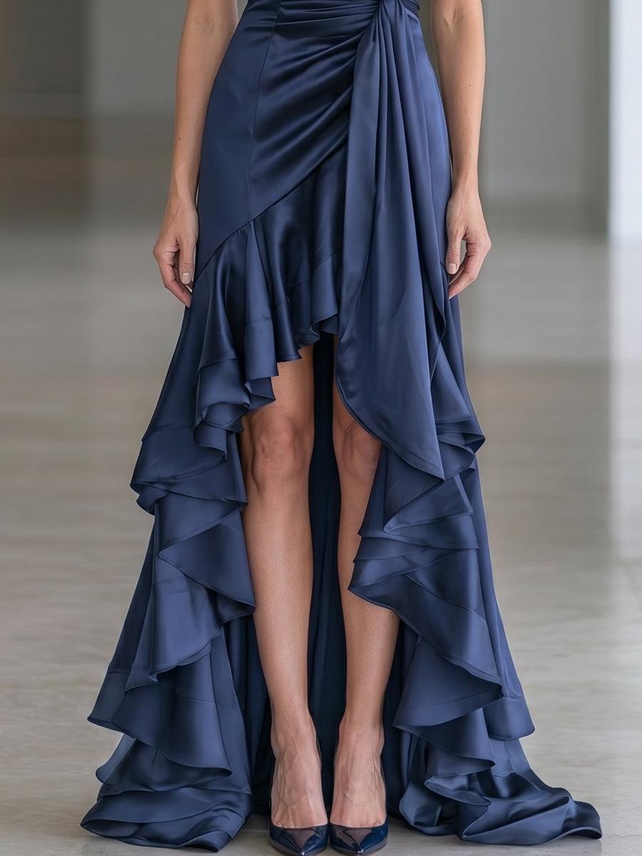Halter Neck Ruched Satin High-Low Ruffle Gown