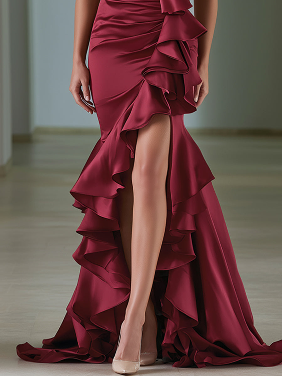 Floral Appliqué Halter Satin Ruffle Mermaid Gown