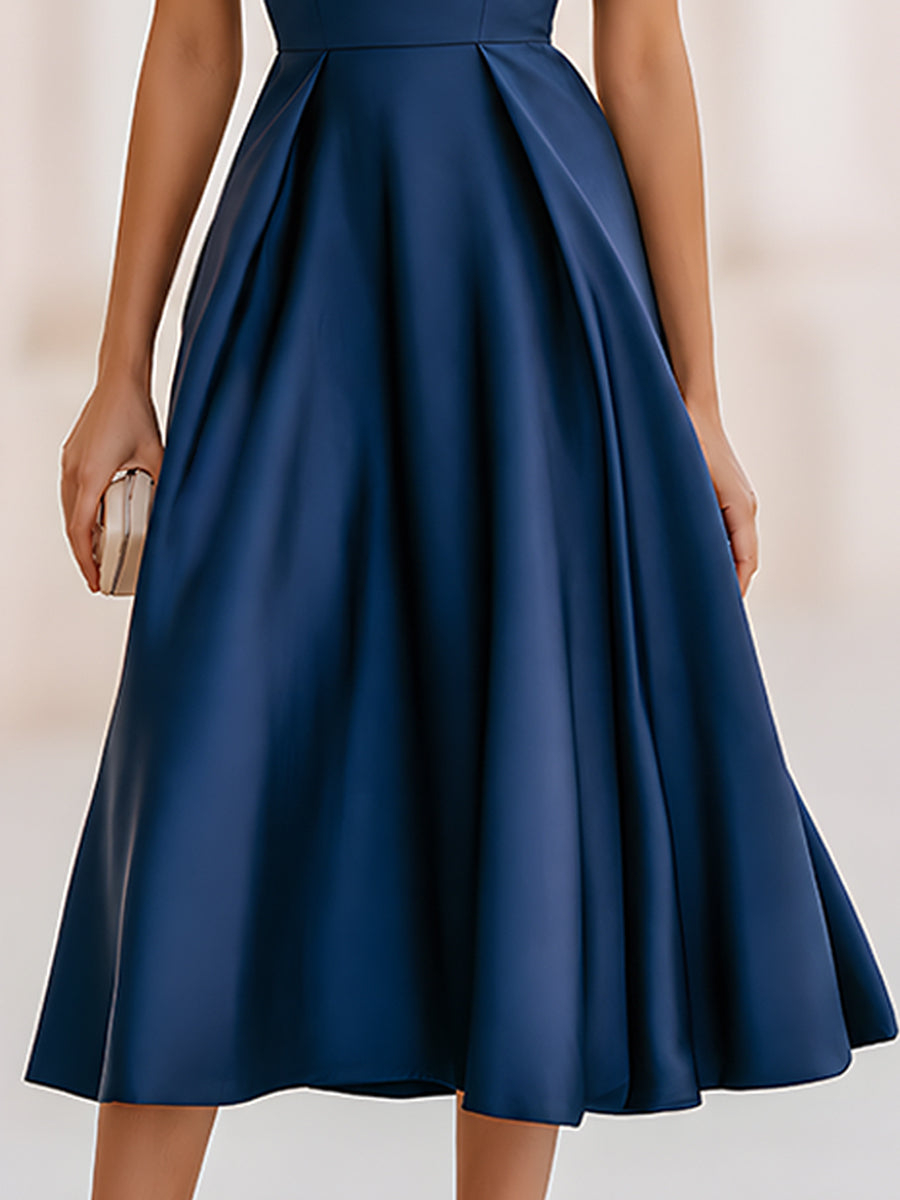 Satin Shawl-Style Twisted Sleeves Midi Dress
