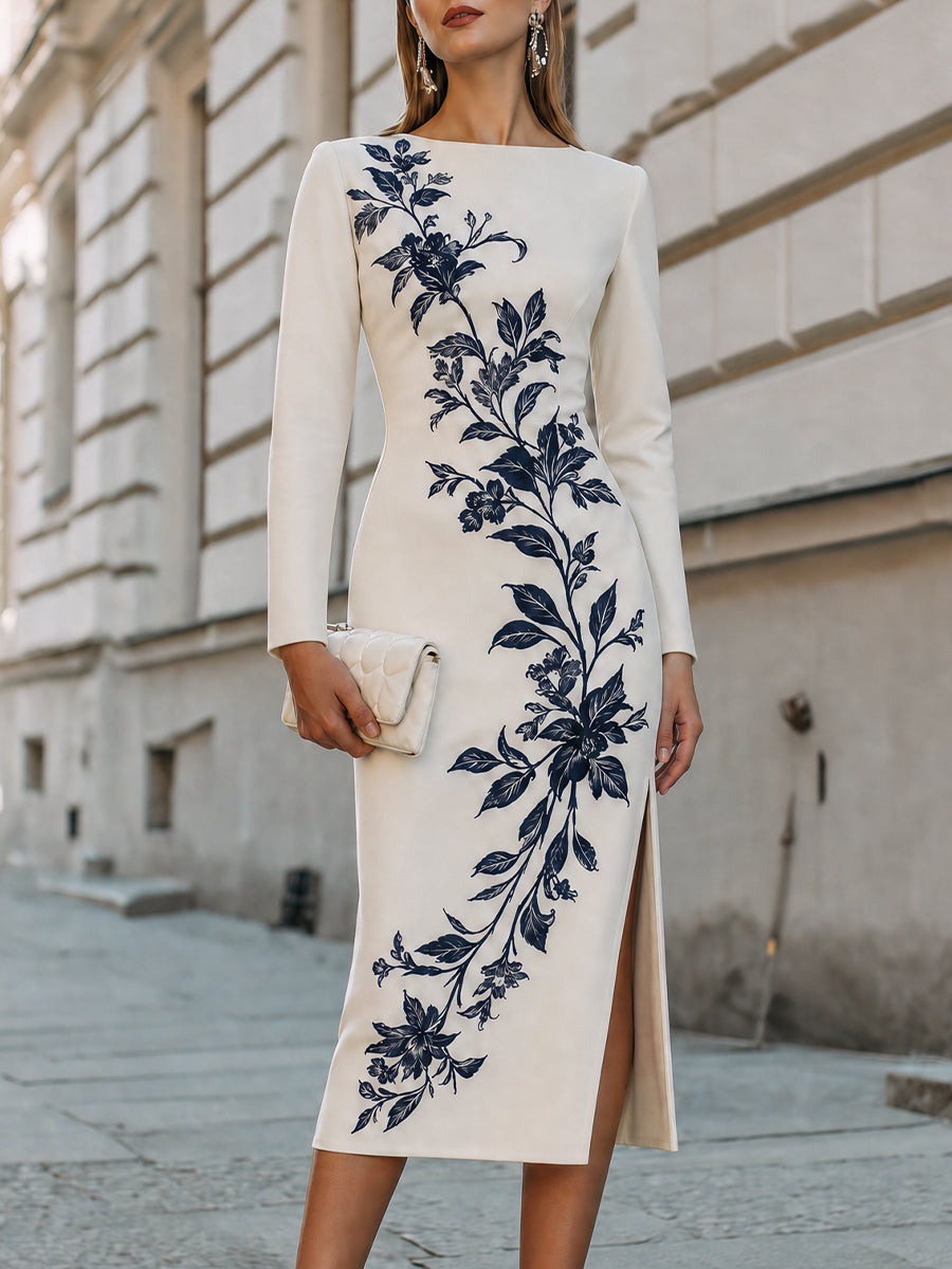 Botanical Print Long Sleeve Sheath Midi Dress