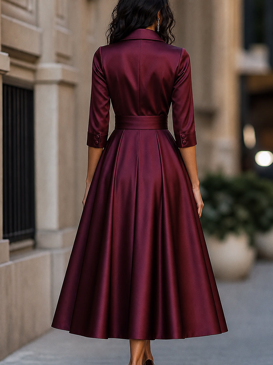 Elegant Satin Notched-Lapel Button-Front A-Line Midi Dress